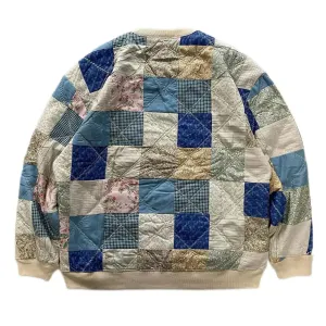 Vintage Back Patchwork Calico Loose Pullover Hoodie with Retro Round Neck