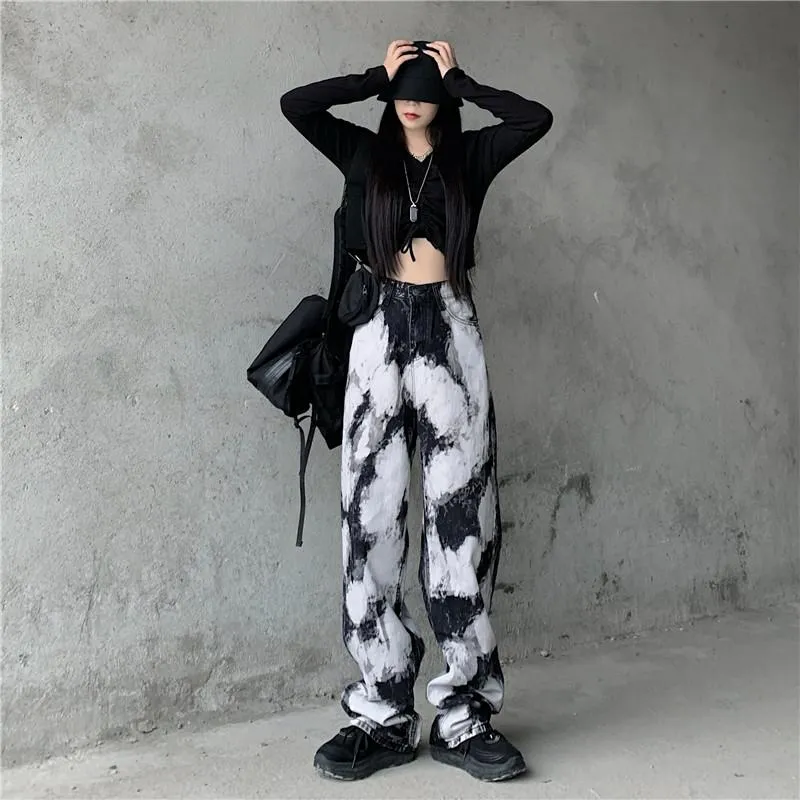 Vintage Tie Dyed Print High Waist Denim Pants