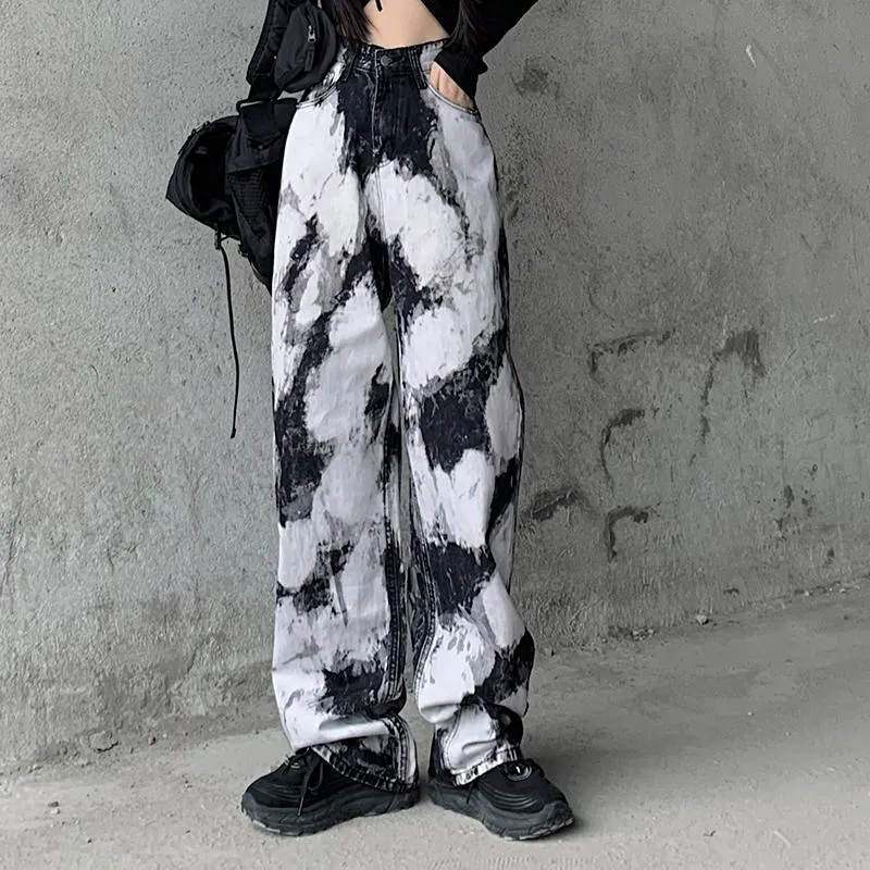 Vintage Tie Dyed Print High Waist Denim Pants