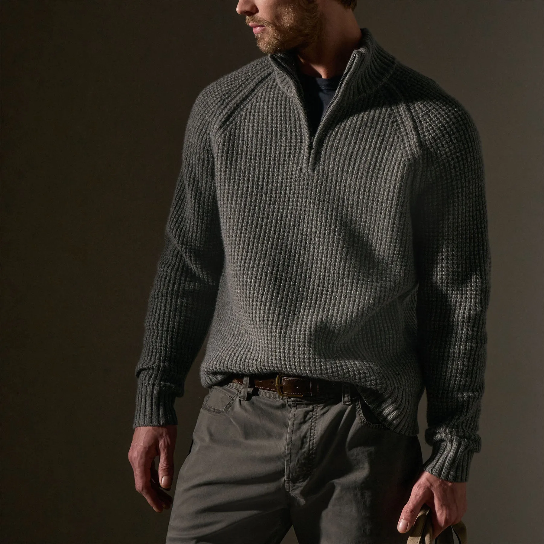 Waffle Knit Half Zip - Granite