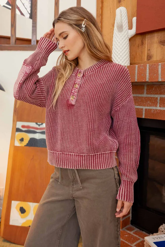 Washed Henley Chunky Knit Sweater in Burgundy by Blu Pepper