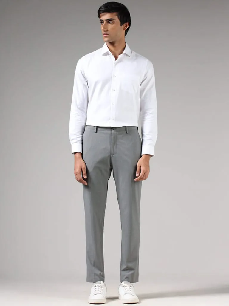 WES Formals Grey Textured Slim-Fit Mid-Rise Trousers