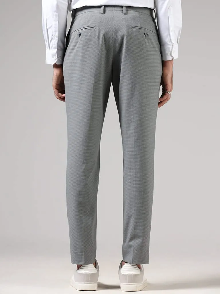 WES Formals Grey Textured Slim-Fit Mid-Rise Trousers