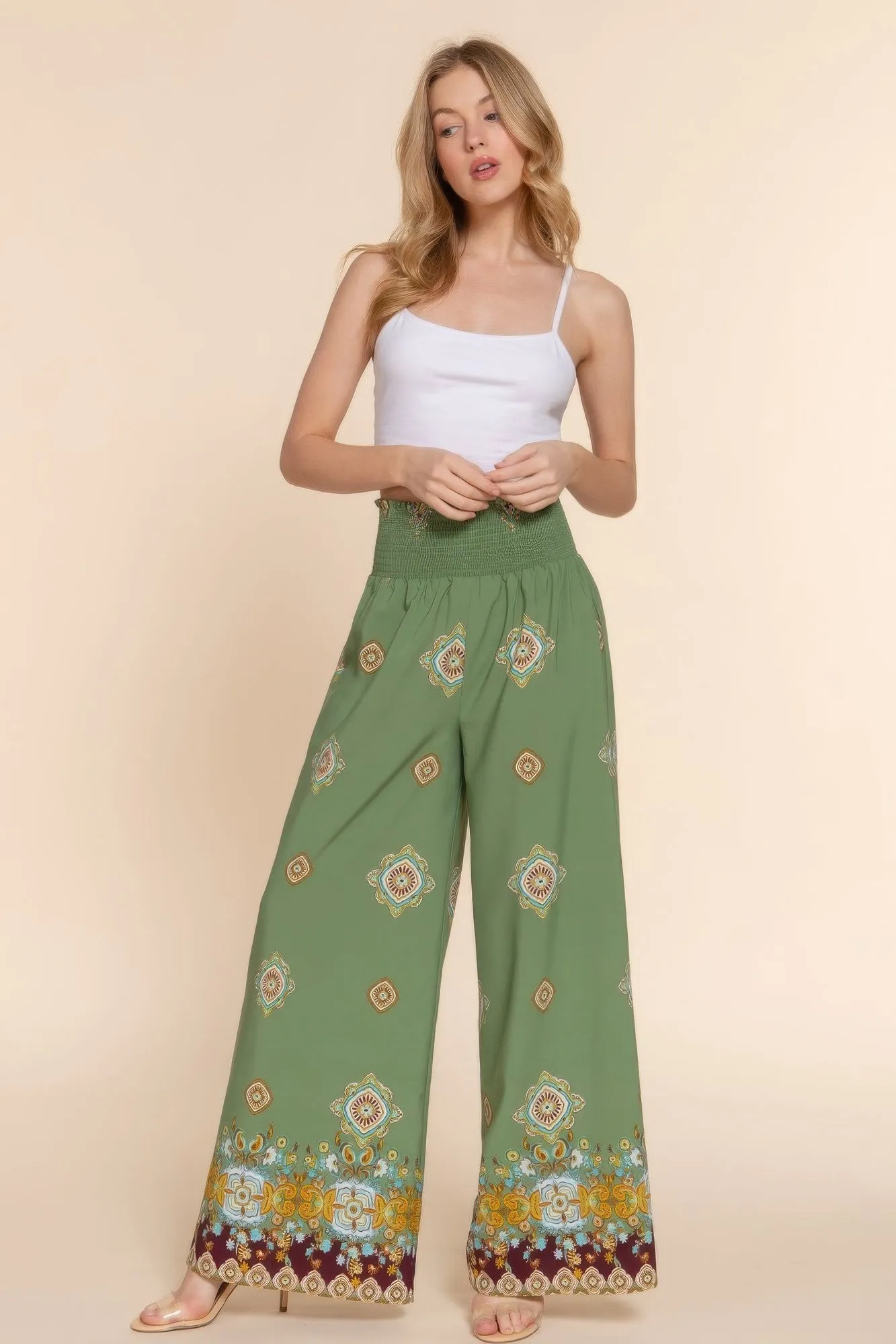 Wide Leg Border Print Woven Pants