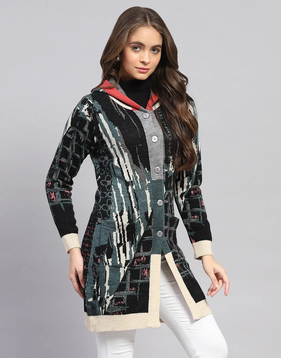 Women Multicolor Self Design Hooded Full Sleeve Cardigan