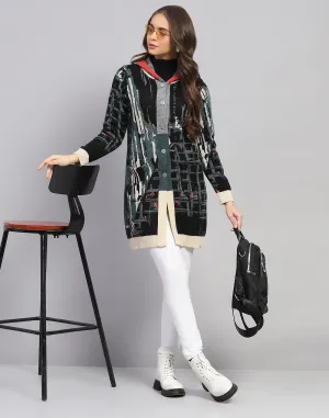 Women Multicolor Self Design Hooded Full Sleeve Cardigan