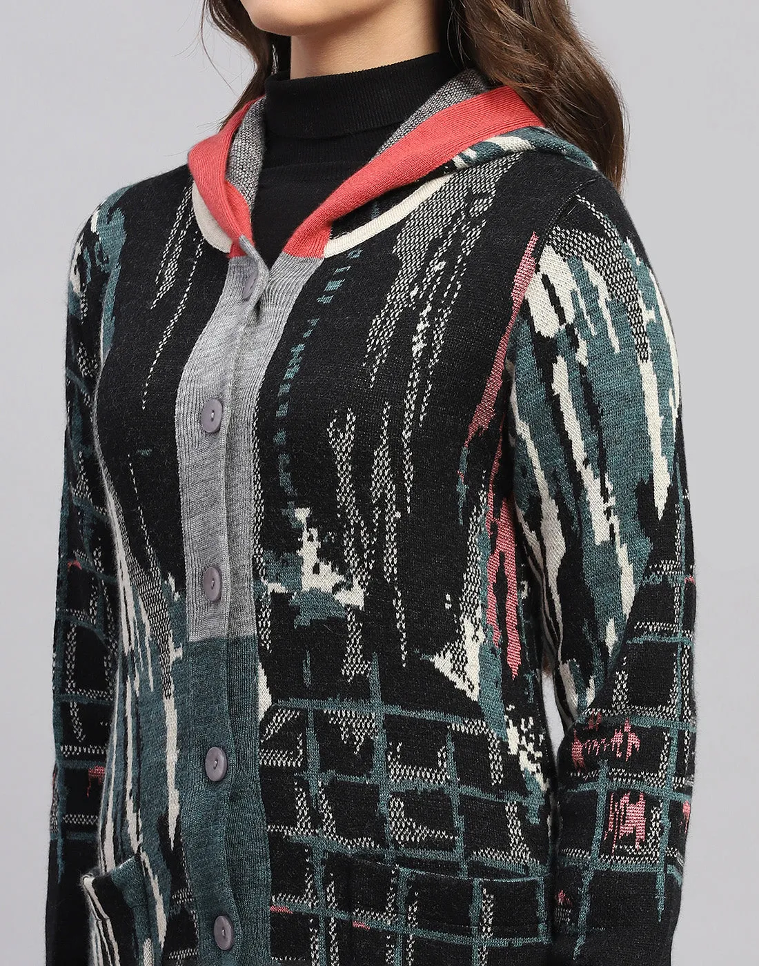 Women Multicolor Self Design Hooded Full Sleeve Cardigan