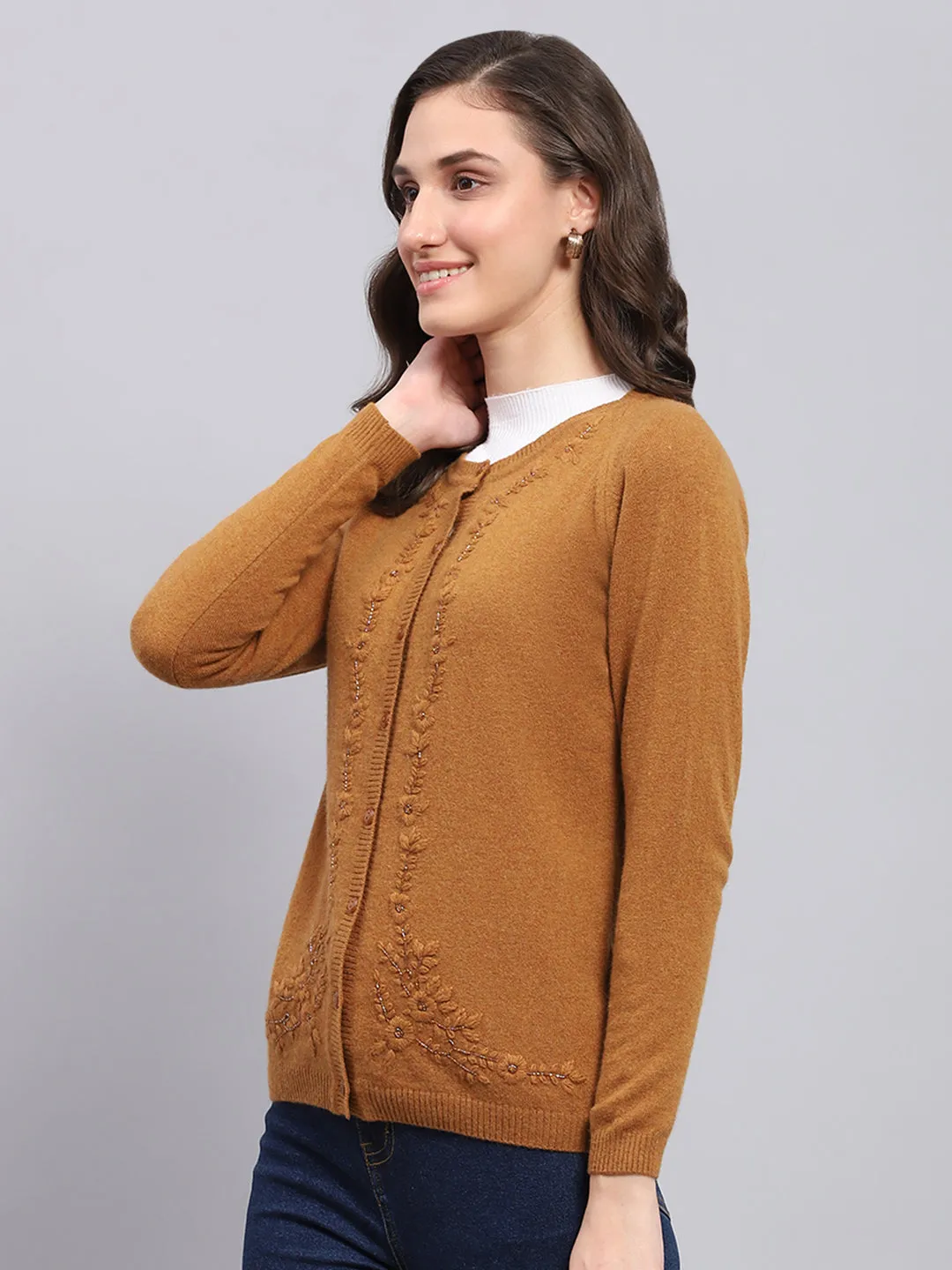 Women Rust Embroidered Round Neck Full Sleeve Cardigan