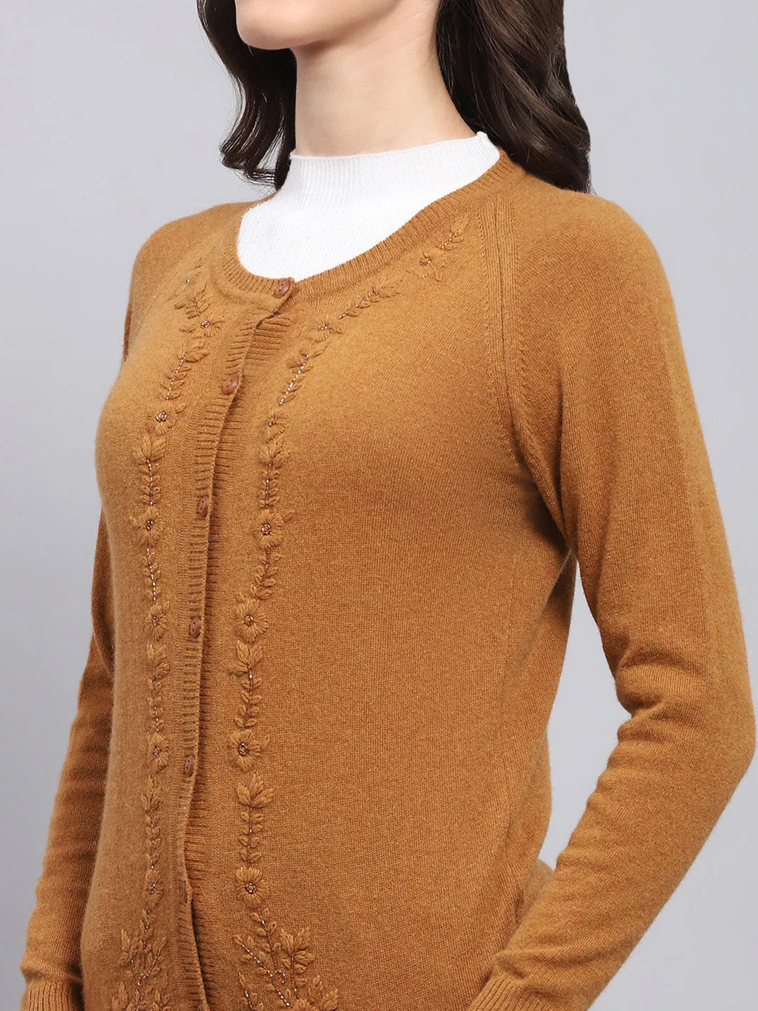 Women Rust Embroidered Round Neck Full Sleeve Cardigan