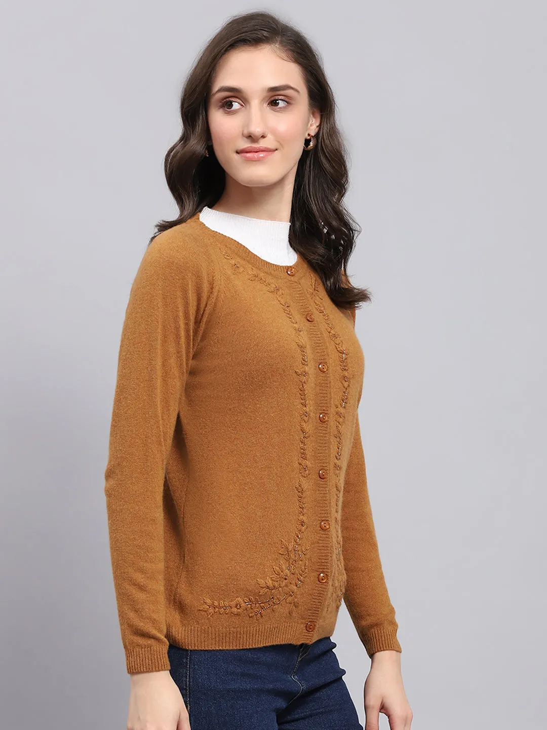 Women Rust Embroidered Round Neck Full Sleeve Cardigan