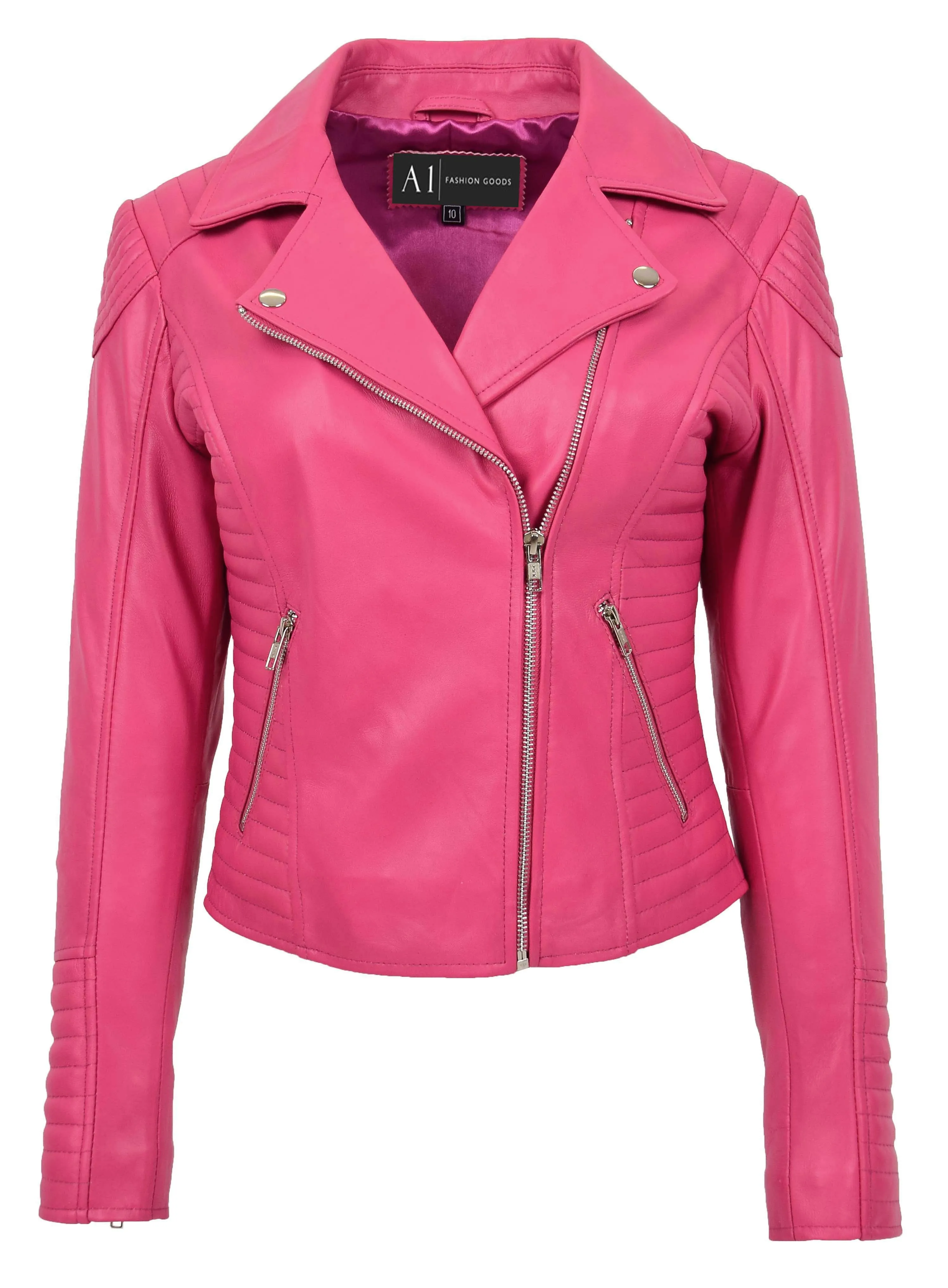 Womens Designer Leather Biker Jacket Fitted Quilted Bonita Pink