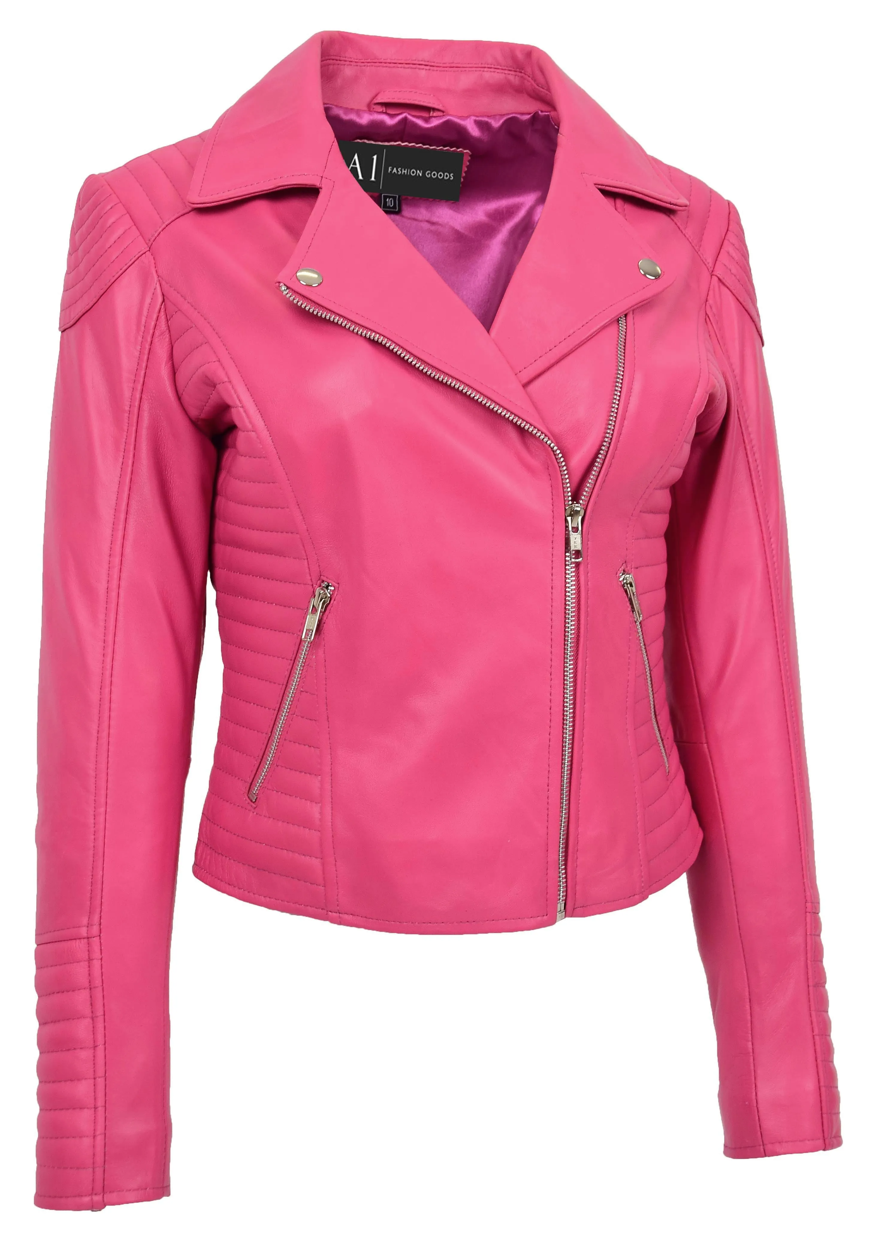 Womens Designer Leather Biker Jacket Fitted Quilted Bonita Pink