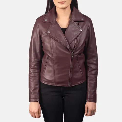 Womens Flashback Maroon Leather Biker Jacket