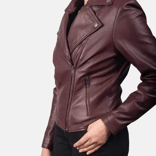 Womens Flashback Maroon Leather Biker Jacket