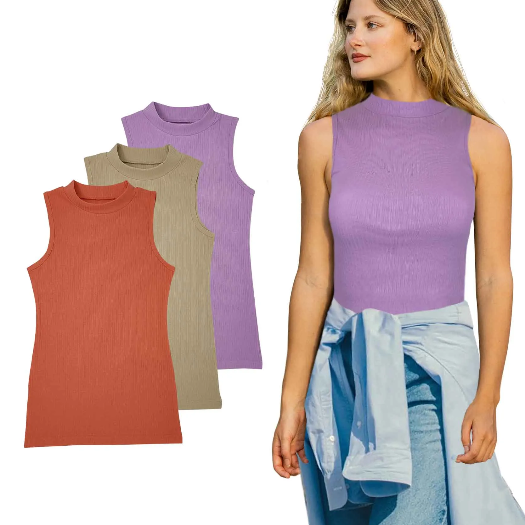 Women's Mock Neck Tank Tops | Cotton Blend | (3 Pack)