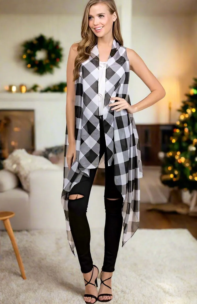 Womens Plaid Kimono, Christmas Cardigan Checked Vest, Size OS, Black/White