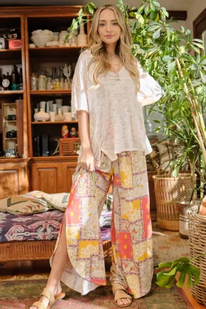 Women's Smocked Waist Wide Leg Pants with Side Slit in Vibrant Print