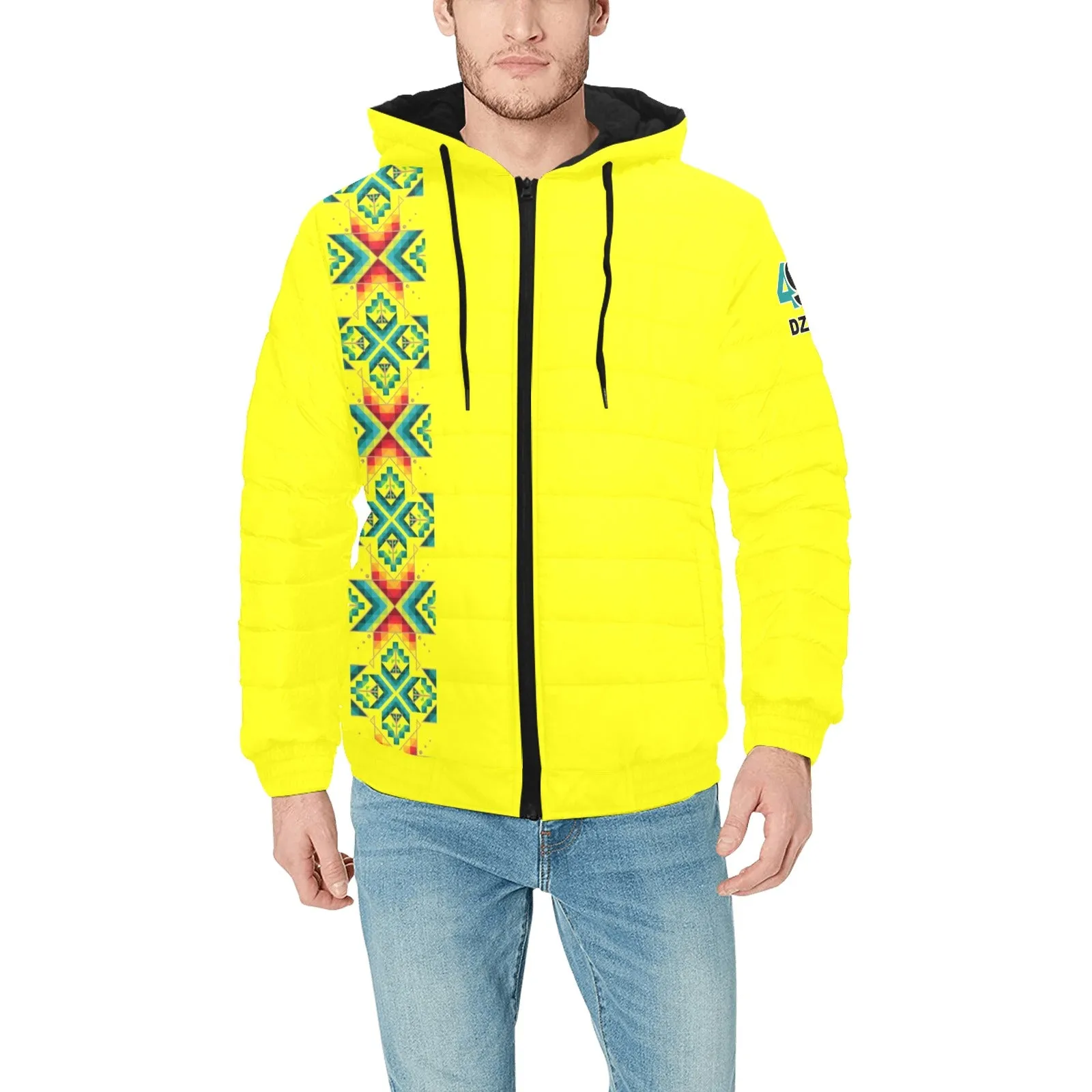 Yellow Blanket Strip Men's Padded Hooded Jacket