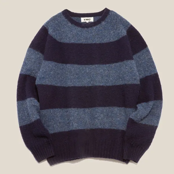 YMC Suedehead Stripe Crew Knit - Navy / Blue